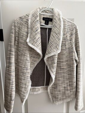 Rachel Zoe Cream Tweed Fringe Open-Front Jacket with Navy Accents